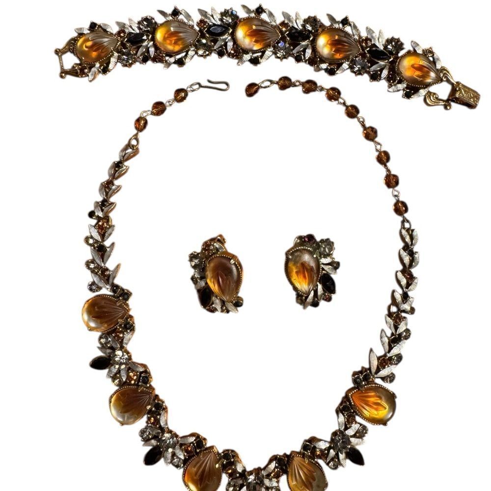 Vintage antique Florenza art deco Gold and Orange Floral jewelry full parure set
